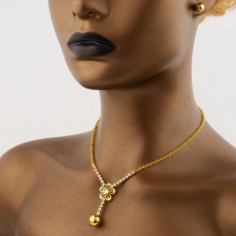 France Delicate Zircon Necklace Earrings For Women Girls Old Money Wind Gold Color Clavicle Chain Jewelry Set For Summer Wear