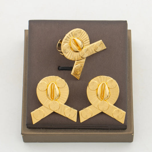 Nigerian Gold Color Jewelry Set for Weddings Women Elegant Clip Earrings and Finger Ring 2Pcs Set for Engagement Party Accessory