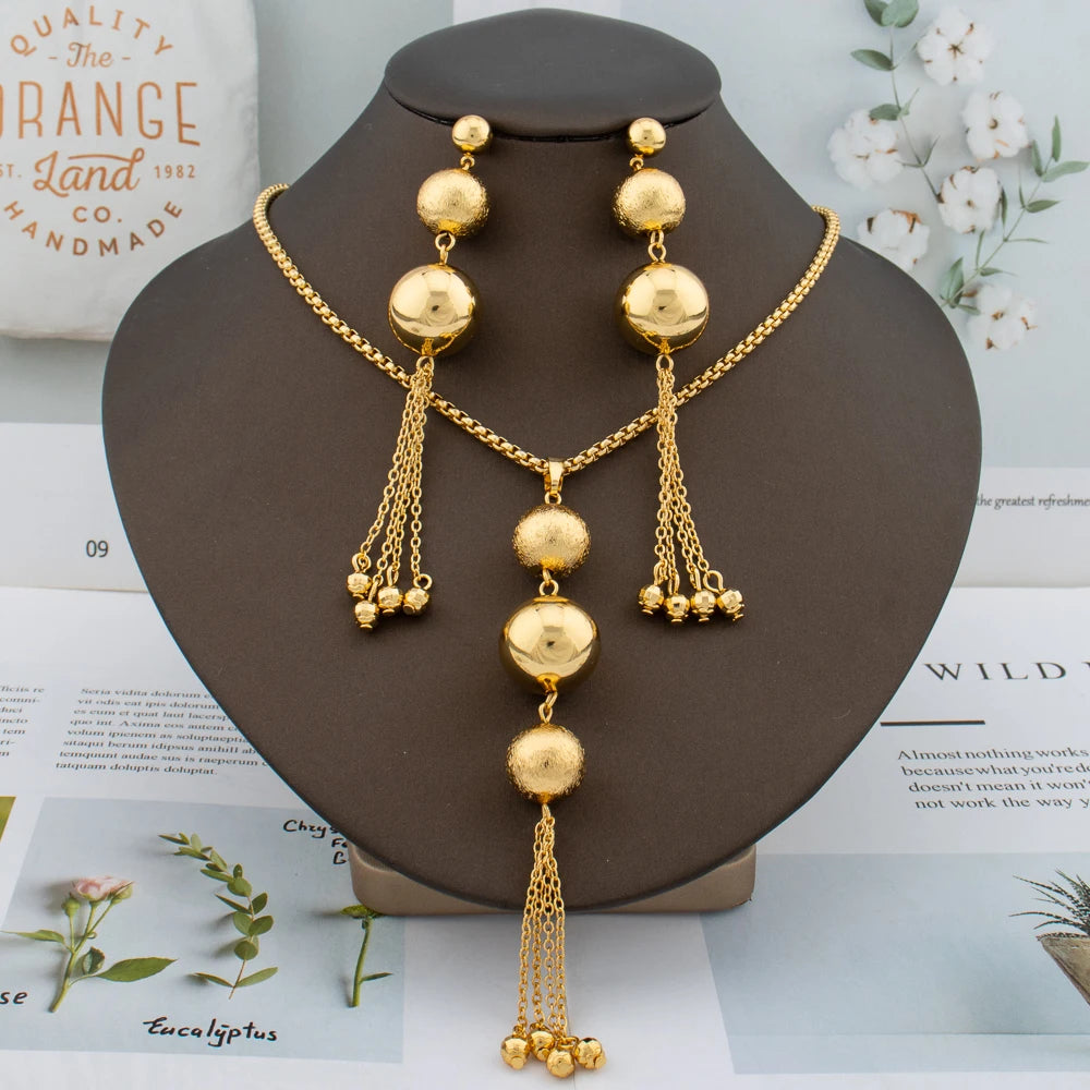 Dubai Beaded Jewelry Set, Gold-Tone Tassel Earrings Necklace for Women, African Party Gift Chic Drop Design