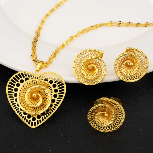 Dubai Luxe Gold-Tone African Bridal Jewelry Set with Necklace Drop Earrings And Ring Chic Middle East Party Accessory for Her