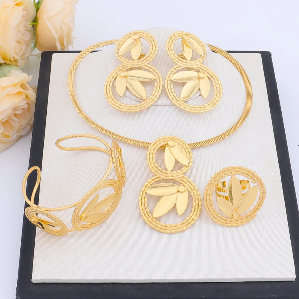 Classic Clover Gold Plated Jewelry Gift Necklace Earrings Bracelet Ring Set for Women Girl Bride Charm Bangle for Party Wedding