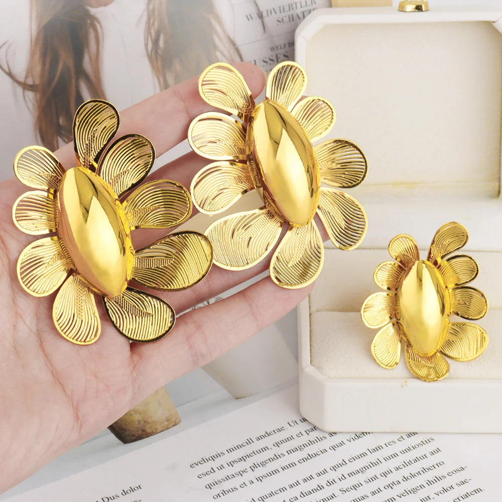 New Fashion Style Gold Plated Earrings Ring Set for Women Girls Dubai Luxury Exaggerated Design Jewelry Gift for Party Easter