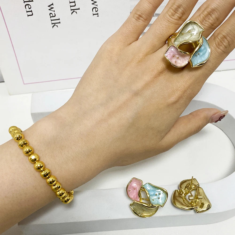 Dopamine Color Jewelry Set For WomenTrendy Earrings Ring Gold Color Bangle Set Advanced Jewelry For Party Wedding Anniversary