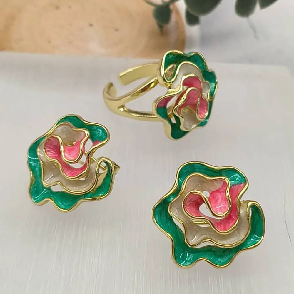 Women Rainbow Color Earrings Ring Nigeria Africa Fashion Earrings Jewelry Gold Plated Ring Wedding Party Daily Wear Accessories