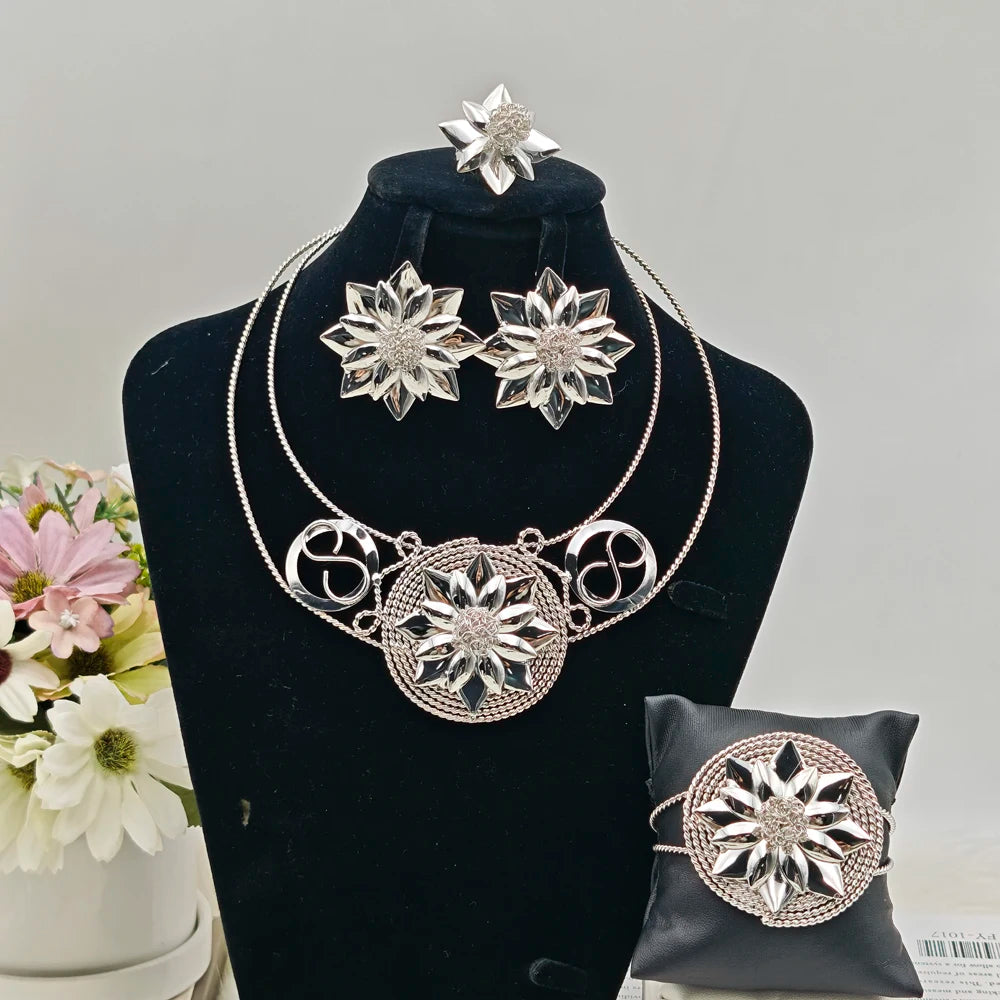 Brazilian Luxury Gold Plated Jewelry Sets Nigeria Rotundity Flower Earrings Ethiopia Bangles Ring and Necklace Party Easter Gift