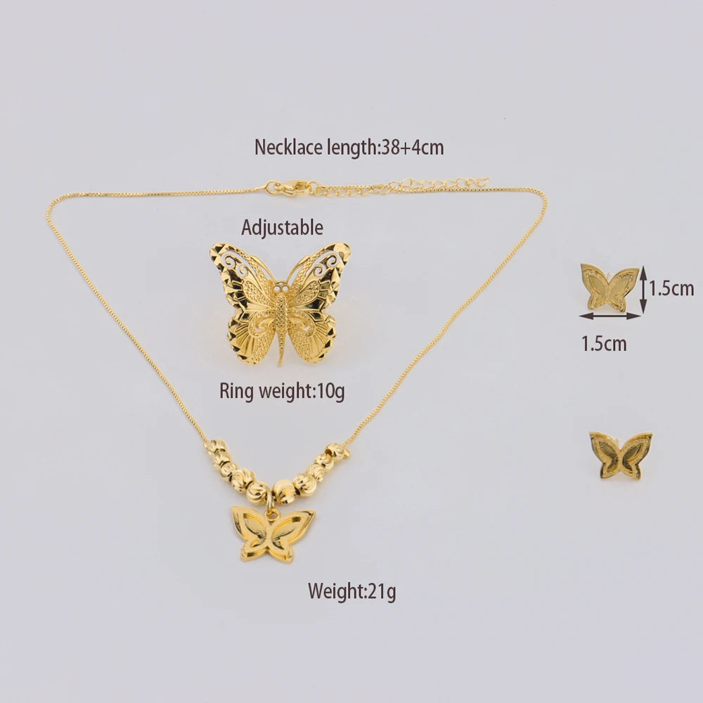 Dubai Gold Color Butterfly Necklace Earrings Ring Boutique Jewelry Set For Men And Women Daily Wear Wedding valentine day gift