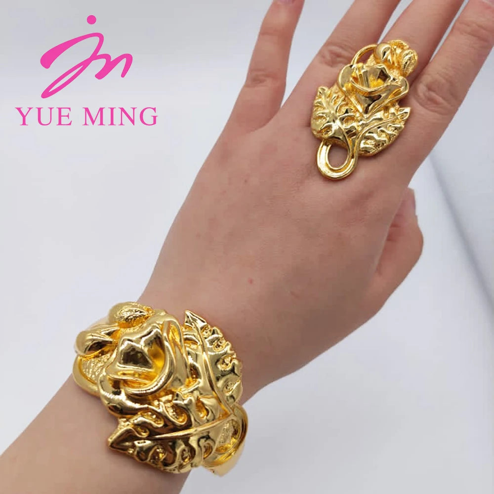18K Gold Color Cuff Flower Bangle Ring For Women Moroccan France Dubai Luxury Copper Bracelet Jewelry Nigerian Party Wedding Gif