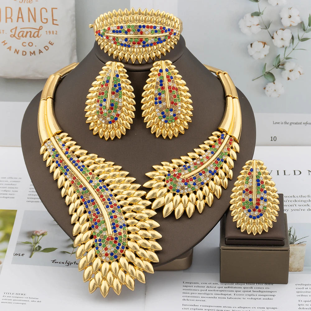 Italian Plated Jewelry Set for Women - Large Color Lady Necklace Earrings Bracelet Ring - High Quality Wedding Jewelry