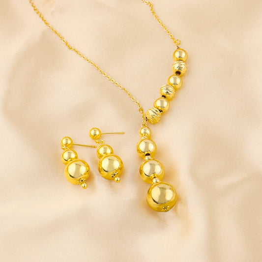Italy French Gold Plated Round bead Necklace Earrings 3pcs Set for Women Bride Smooth Gold Color Jewelry Gift for Party Wedding