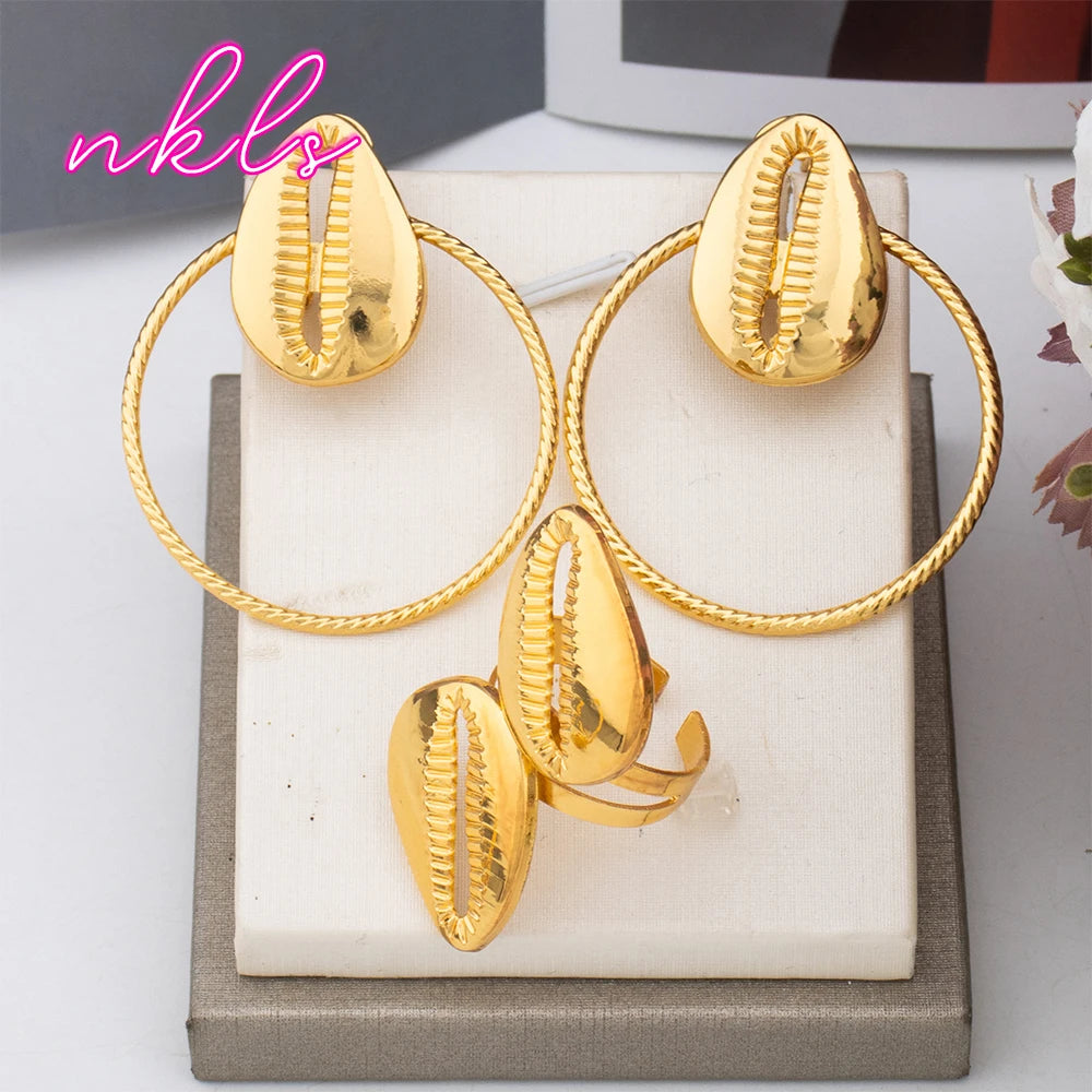 Dubai Luxury Necklace Earrings Cuff Bangle Ring Set African Trend Jewelry Fashion Women Jewelry Set Daily Wear Party Gift