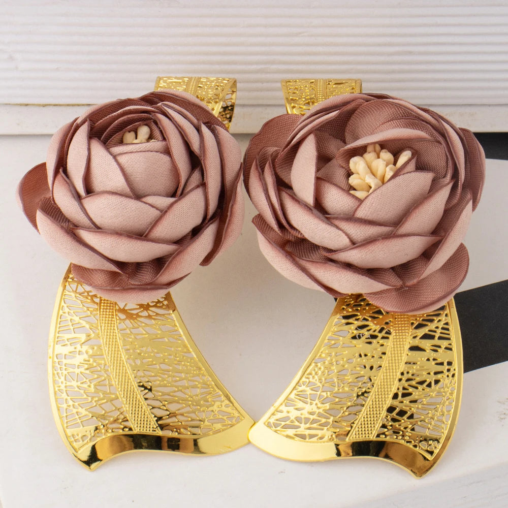 2025 New High Quality Big Pink Flower Earrings Women Jewelry Set Dubai Gold Plated Luxury Ring For Party Wedding Daily Dating