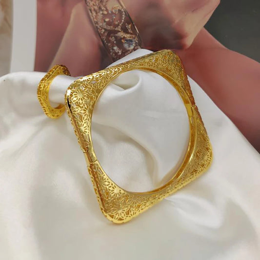 Dubai Gold Color Bangle and Ring Set for Party Bohemia Design Hand Bracelet and Finger Ring 2Pcs Set for Engagement Party Gifts