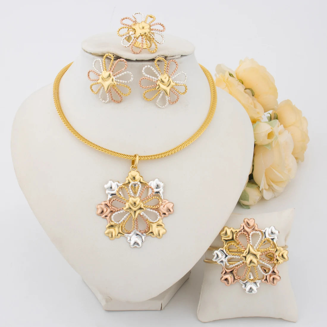 2025 New Women's Earrings Bracelets Necklace and Ring Luxury Flowers Shape Colorful Jewellery Set For Party Women's Day Wedding