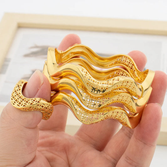 Dubai Gold Color Bangle Ring Set for Engagement Irregular Design Cuff Bangles Cocktail Ring Ladies Elegant Stacked Bracelets