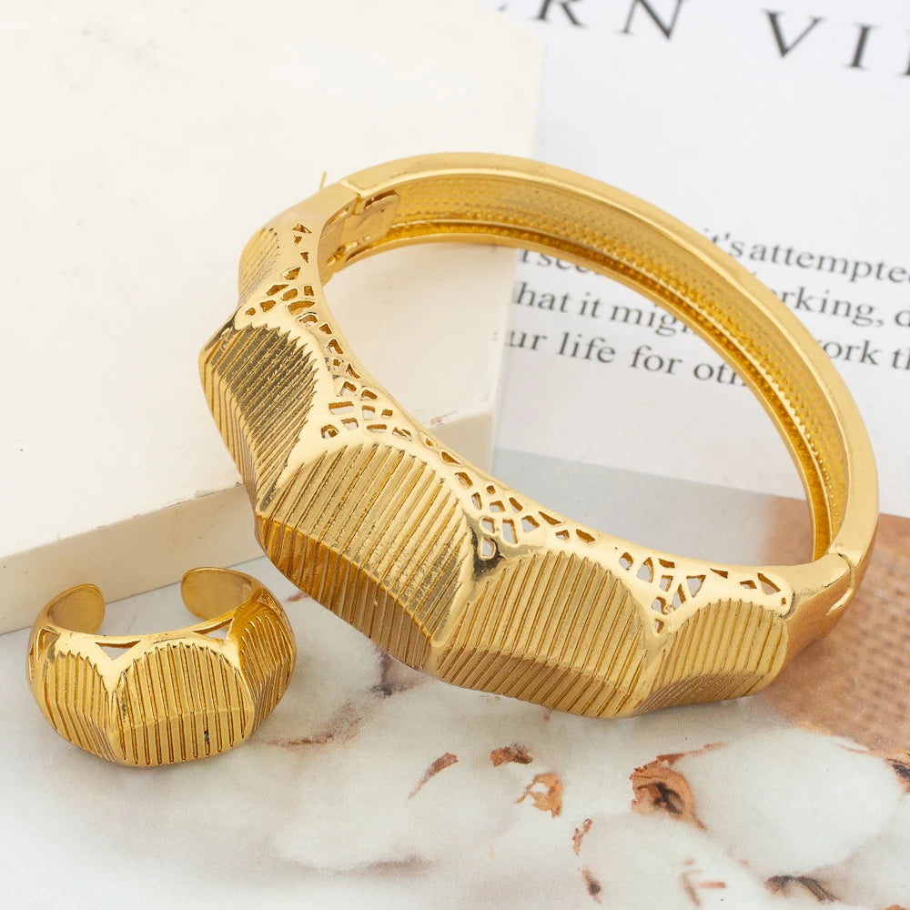 18K Gold Color Women's Bangles Dubai Bracelets Ethiopian Jewelry African Bride Wedding Bangle Ring Set New Design Jewelry Gift