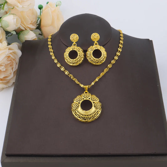 Dubai Gold Plated Luxury Noble Necklace Charms Earrings for Women Double Chain Jewelry Set for Party Wedding Christmas Gift