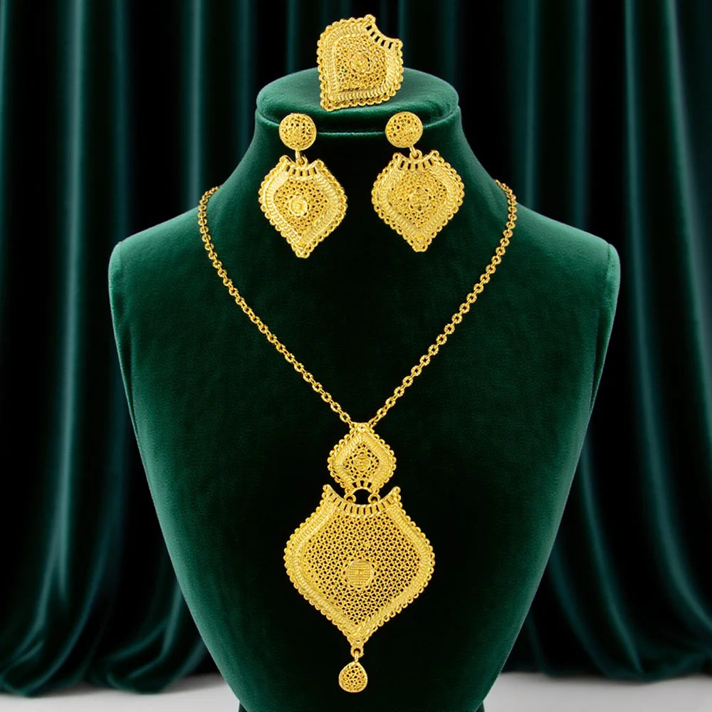 Nigerian Jewelery Set Dubai 24K Gold Color Necklace Earrings Ring Jewlery Bridal Banquet Wedding Jewelry Set Accessories