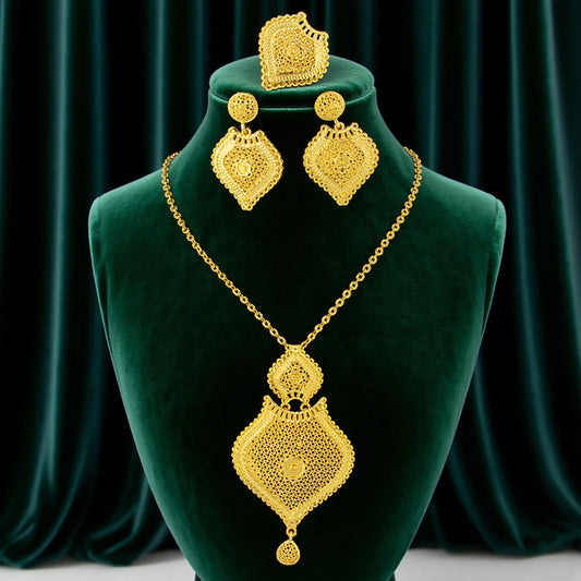 Nigerian Jewelery Set Dubai 24K Gold Color Necklace Earrings Ring Jewlery  Bridal Banquet Wedding Jewelry Set Accessories