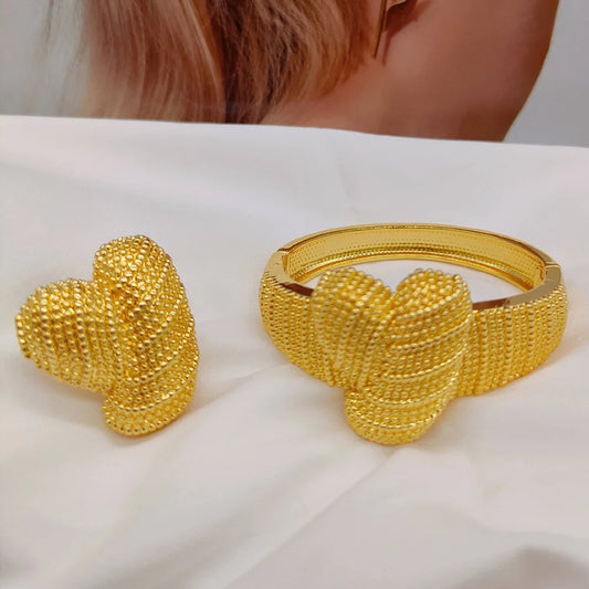 Trend Gold Color Bangle with Ring Set for Engagement Hollow Out Design Hand Bangle with Ring 2Pcs Set Brazilian Jewelry Set Gift