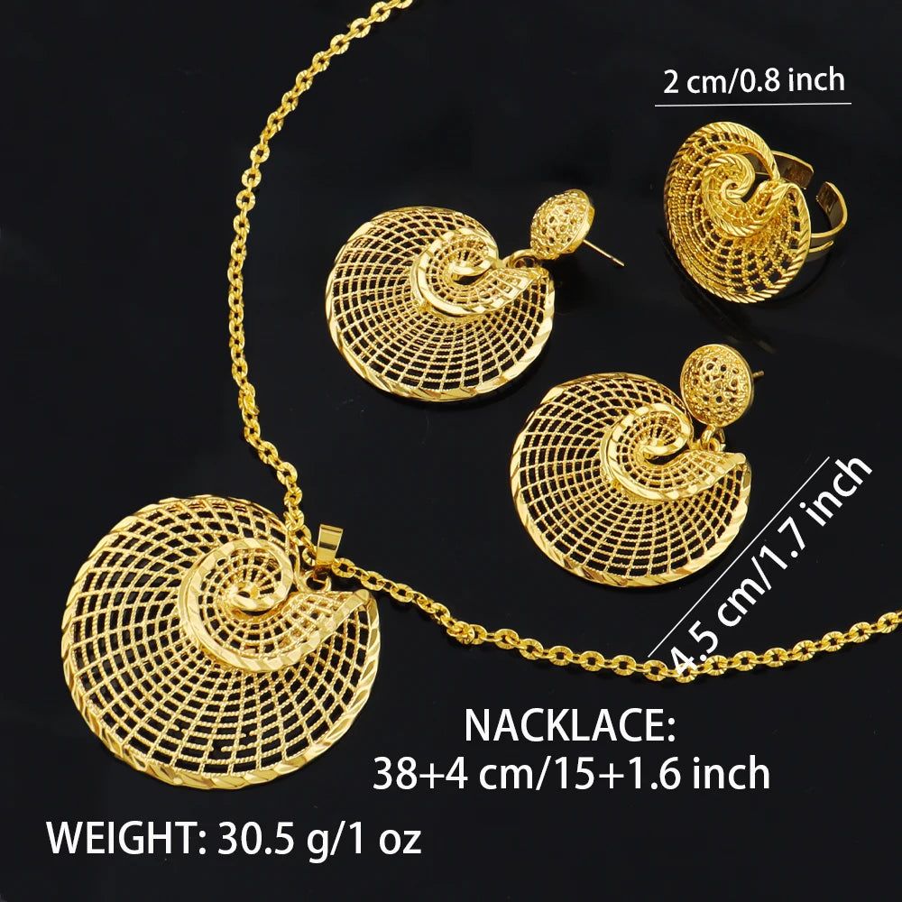 Dubai gold-tone flower jewelry set: necklace, earrings & ring for women, elegant gift for couples, Christmas party sparkle, boxe