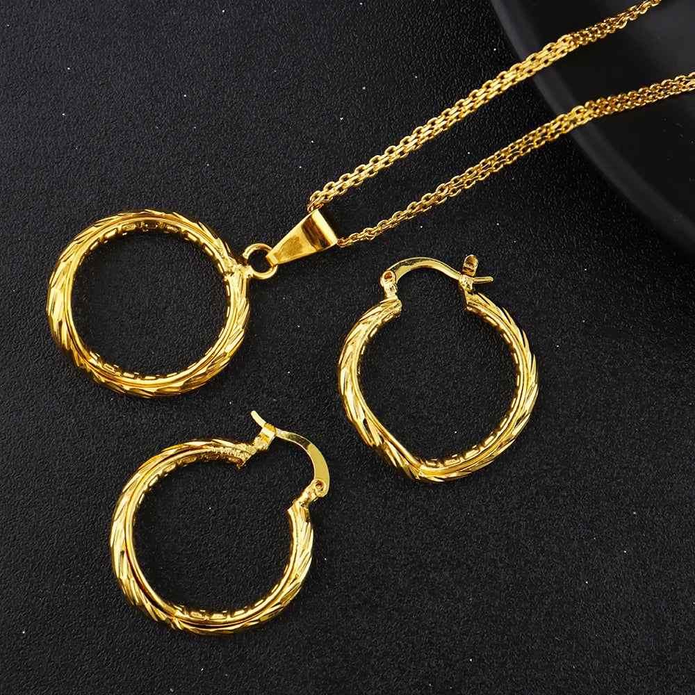 24K Gold-plated Two Piece Copper Jewelry Set Waterproof Earrings Warped Geometry Necklace Apply to America India Party Wedding