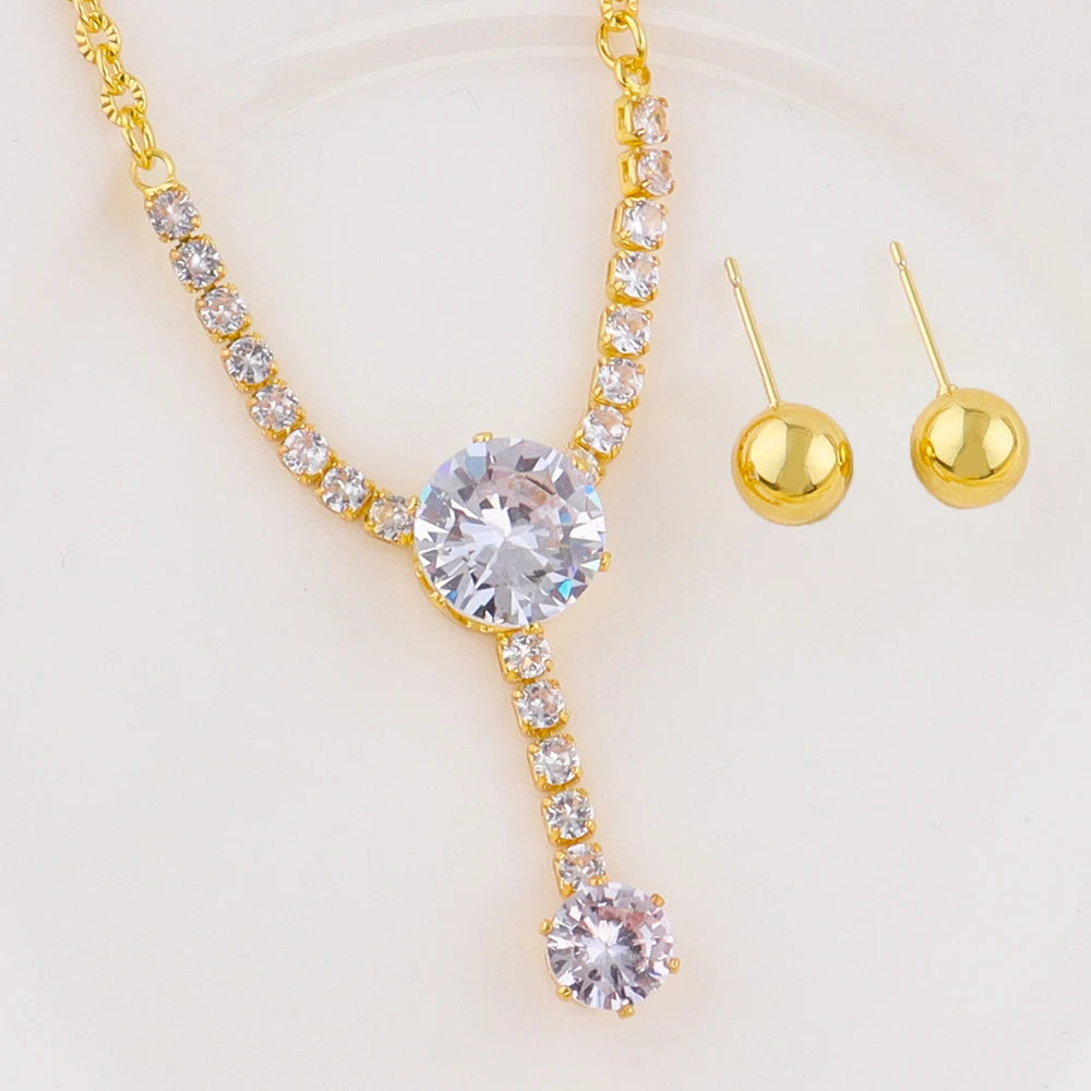 Full of Rhinestones 18K Gold Plated Stainless Steel Earrings Necklace New Trendy Zircon Jewelry Simple Wedding Jewelry