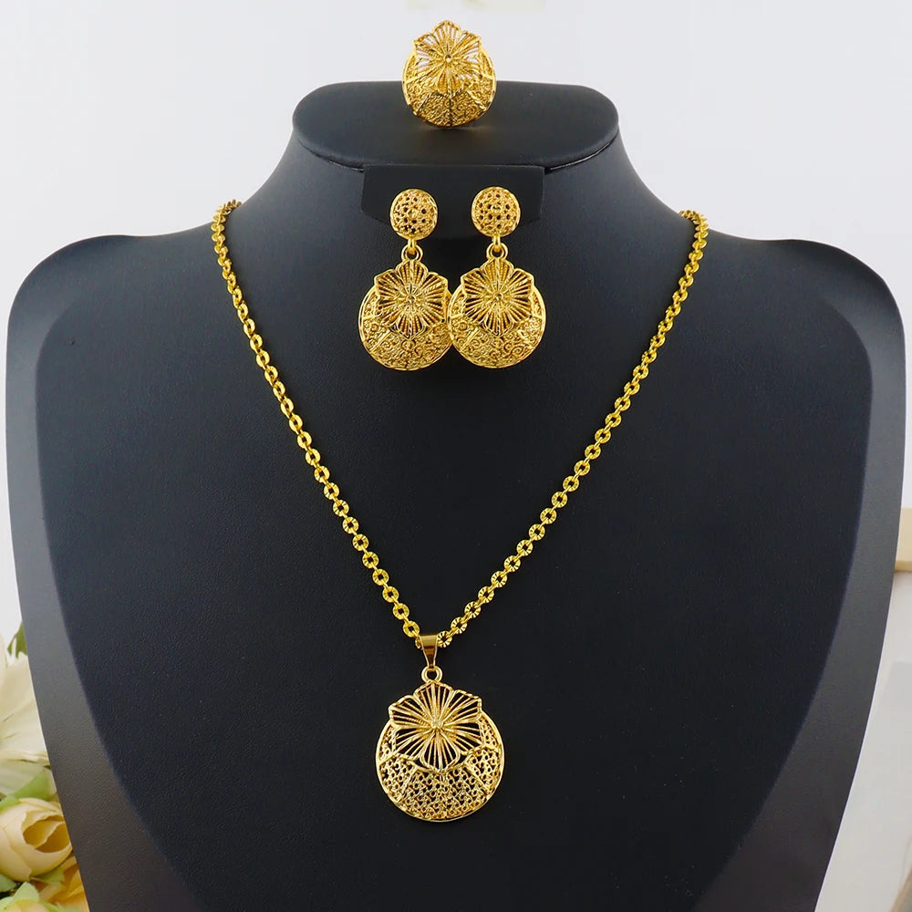 Dubai Bridal Gold-Tone Jewelry Set for Women, Mid-East Necklace Earrings, Indian Wedding Party Gift, Elegant Costume Charm