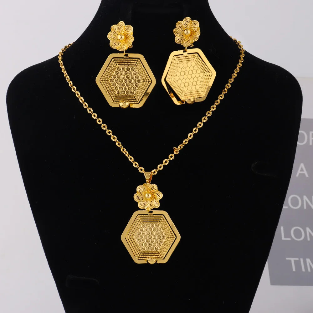 France Gold Color Women Necklace and Earrings Trend America Heart Hollow Out Jewelry Set Gift For Party Wedding Daily Accessorie