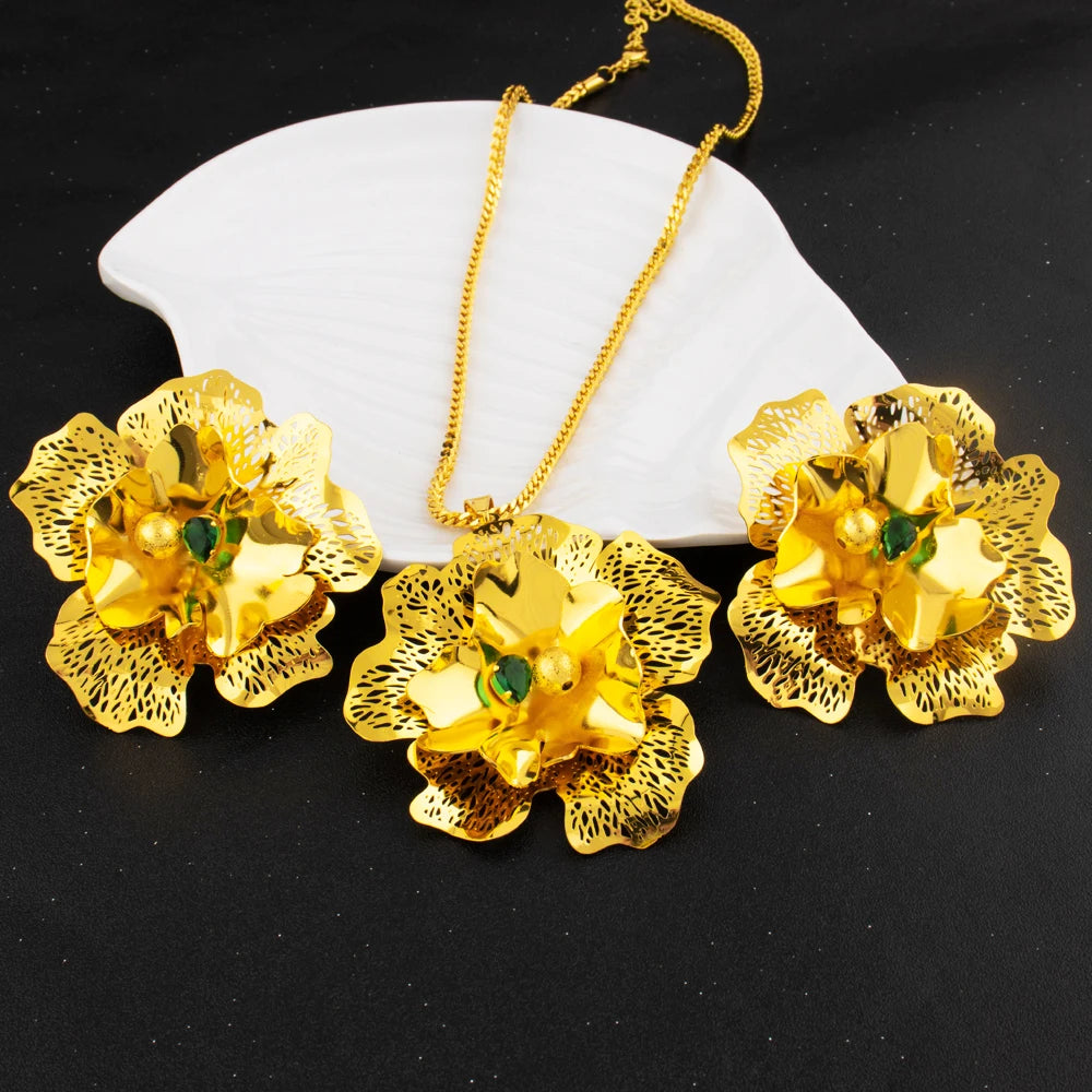 Arab Zircon Collection Women Jewelry Nigeria Luxury Flower Shape Earrings Gold Color Necklace For Party Wedding Wholesale
