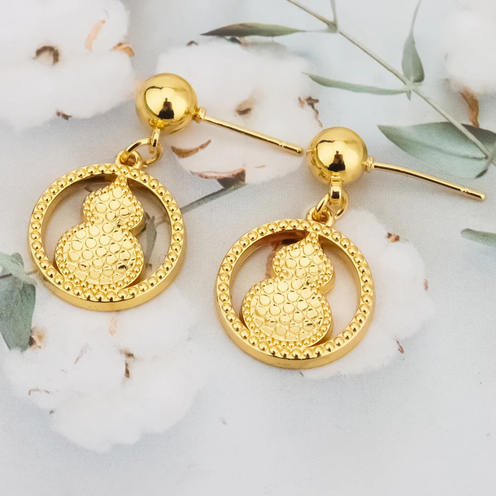 Gold Plated Women Earrings Clavicle Chain Set Gold Color Hollow Calabash Shape Pendant Light Delicacy Jewelry Party Birthday Gif
