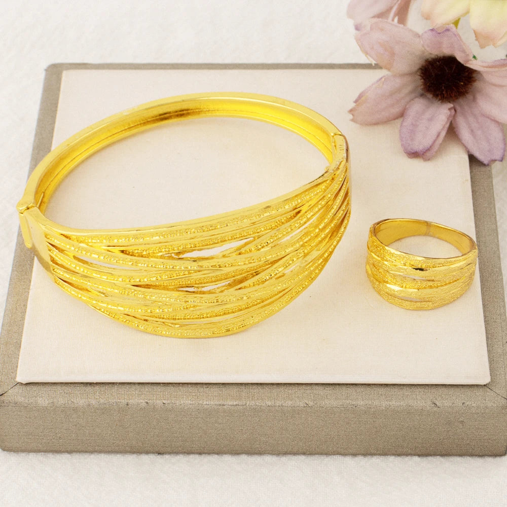 YM Copper Women Bangle Rings Gold Plated Dubai America Geometric Aesthetic Jewelry Set For Fashion Party Jewelry Gifts Wholesale