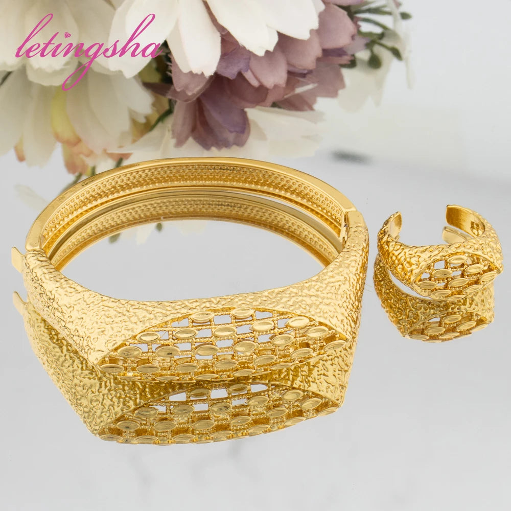 Newest Fashion Bangle Ring 2Pcs Set for Ladies Gold Color Stainless Jewellery Ethiopian Daily Wear Bracelets Rings Jewelry Set