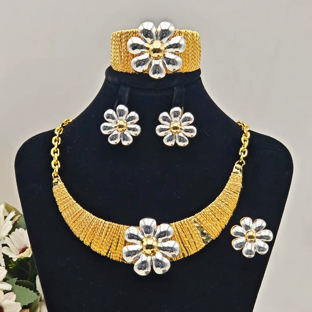 2025 Luxury Gold Color Women Jewelry Set Fashion Noble Flower Design Necklace Bangle Ring Earrings  Gift For Party Easter