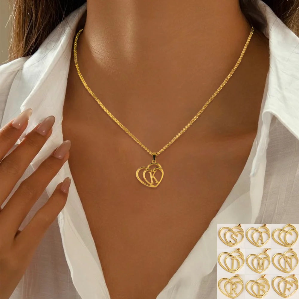 Women Gold Color Initial Alphabet Heart Pendant Charm Jewelry Stainless Steel Necklace Simple Clothing Accessories Party Gift