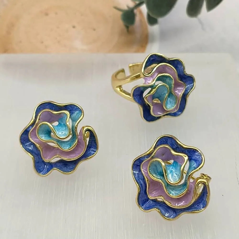 Women Rainbow Color Earrings Ring Nigeria Africa Fashion Earrings Jewelry Gold Plated Ring Wedding Party Daily Wear Accessories