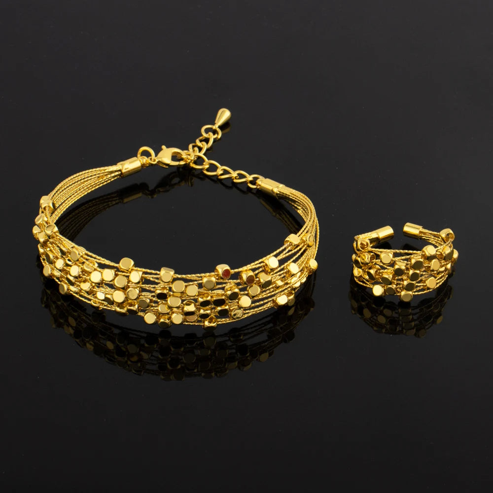 Ethiopia Dubai Little Pearl Women Jewelry Set Gold Color Arab Blange Hollow out Rings Apply For Party Wedding Daily Wear Summer