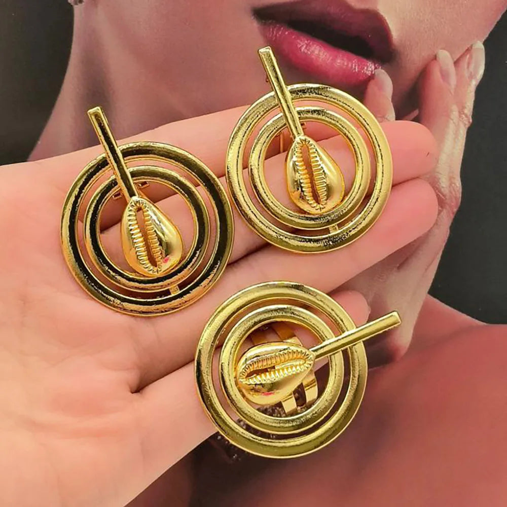 Luxury Earrings with Ring Jewelry Set for Party African Gold Color Clip Earrings Finger Ring 2Pcs Set for Nigerian Daily Wear