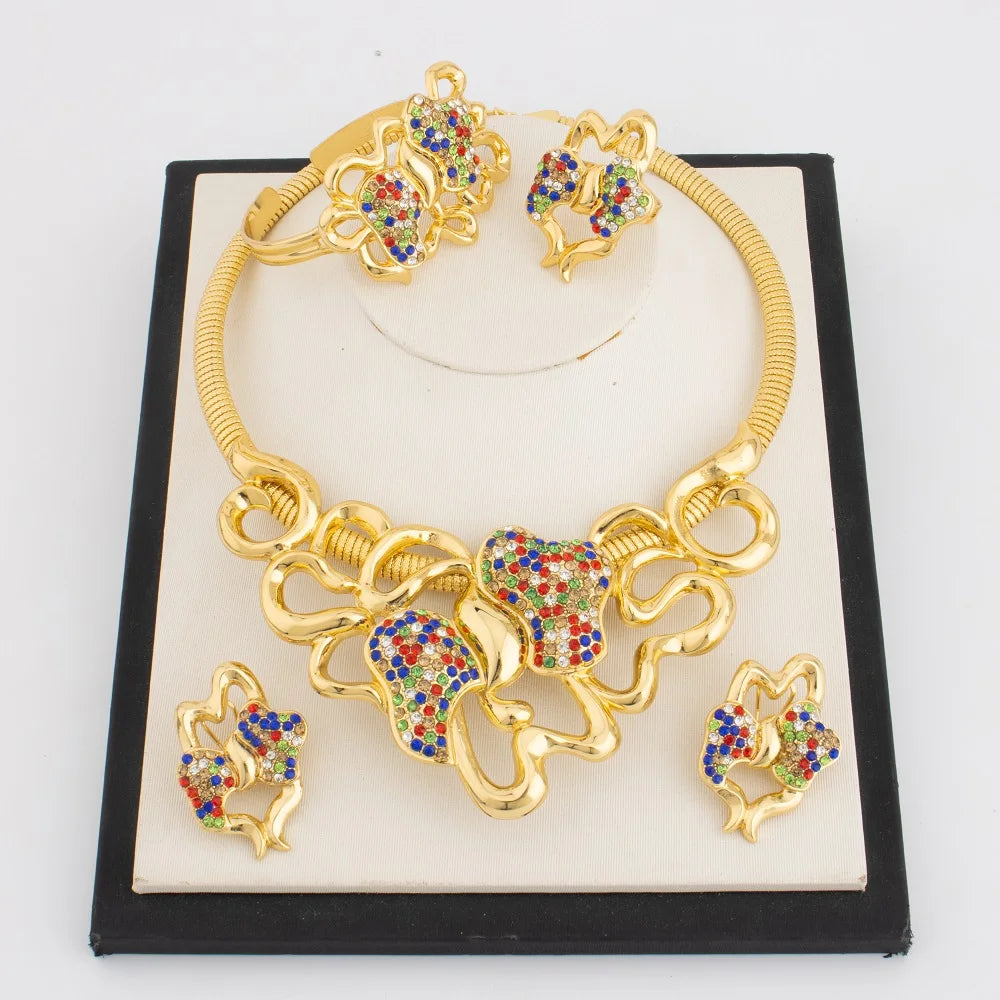 Dubai Gold Plated Jewelry Set Women Luxurious Necklace Earrings Bracelet Ring 4pcs Bride Wedding Party Jewelry Set Gift