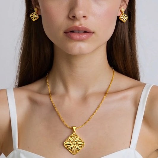 Italy French Gold Plated Rhombus Necklace Earrings Set for Women Bride Smooth Gold Color Charm Jewelry Gift for Party Wedding