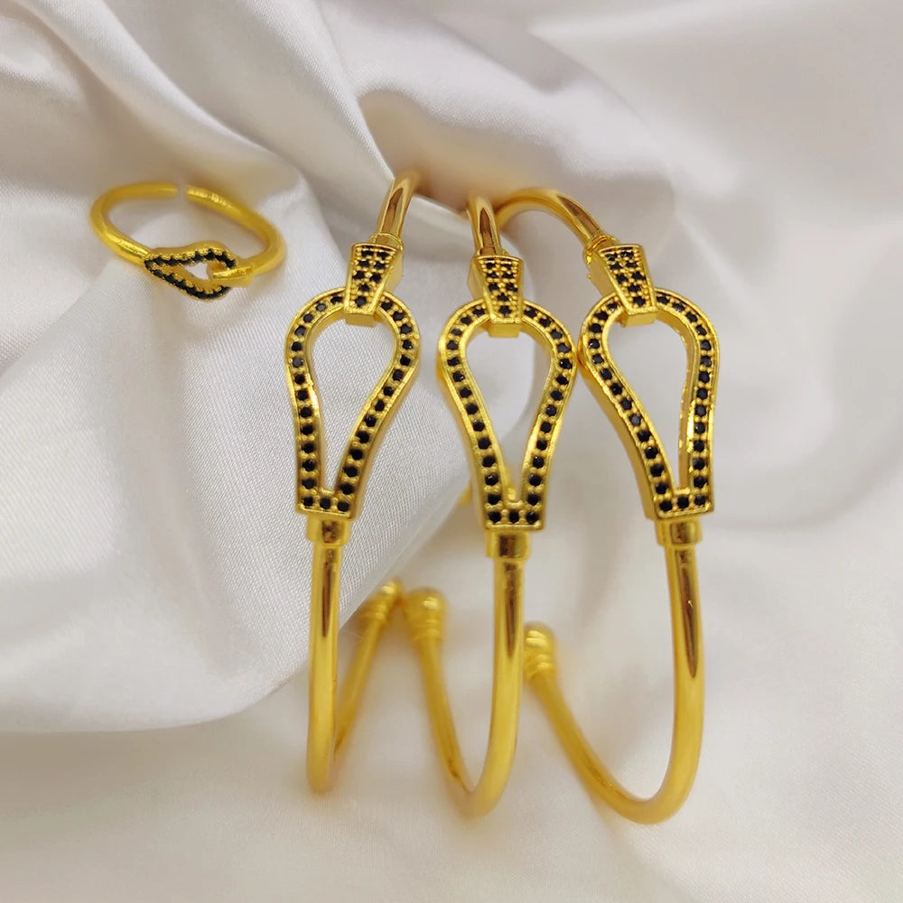 Serpentine Bangles Ring Women Luxury 18k Gold Color Black Zircon 3PCS Bracelet and Open Ring Charm Hand Jewelry Sets Party Gifts