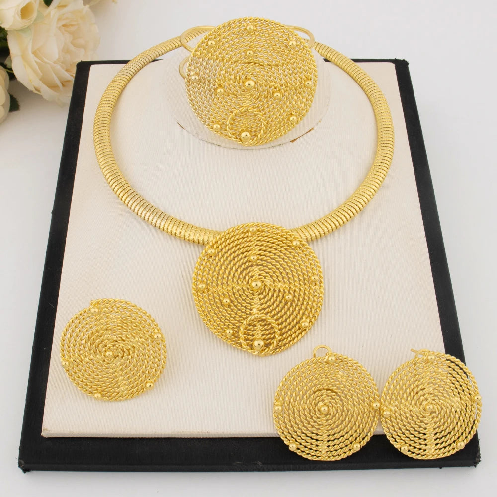Exaggerated Gold Color Round Earrings Necklace America Larger Bangle Ring for Women Jewelry Set For Party Dressing Big promotion