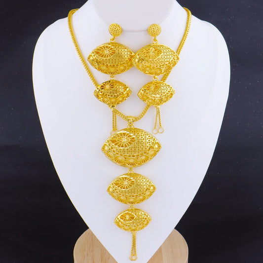 Dubai Hollow Design 18K Gold Plated Chain Necklace Charms Earrings for Women Jewelry Set for Daily Wear Party Wedding Gift