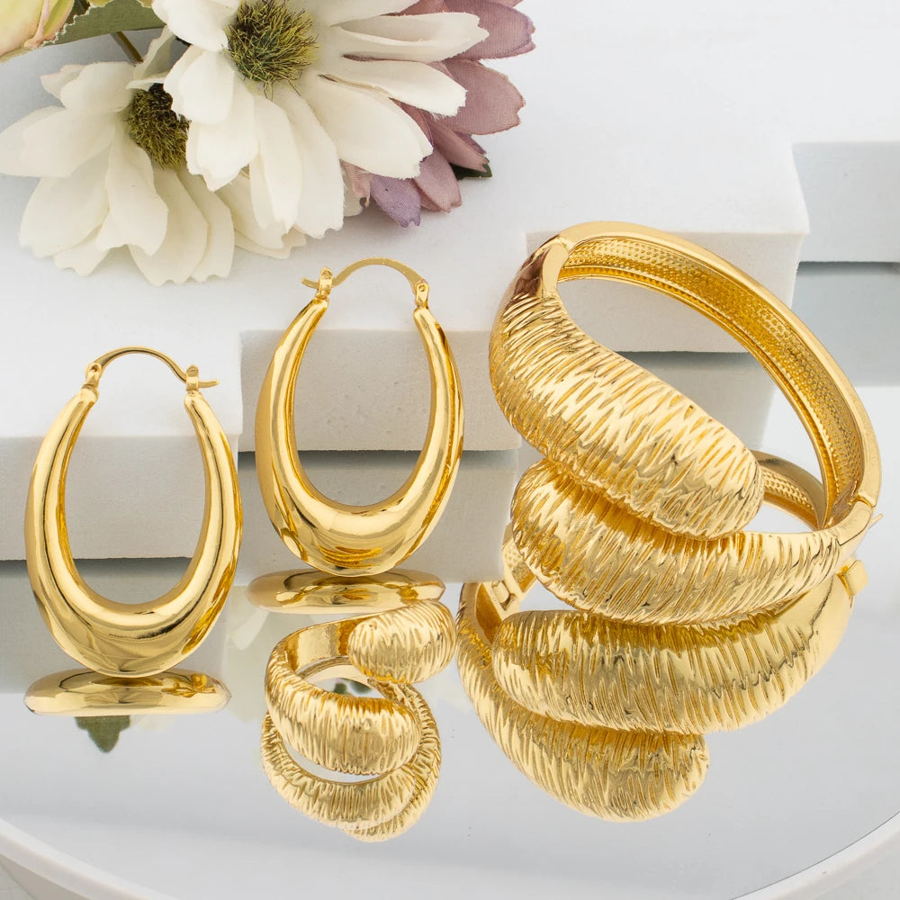 Luxury Dubai Gold Plated Bracelet Ring Copper Earrings Bangle Italy France Women Adjustable Ring Exquisite Wedding Jewelry