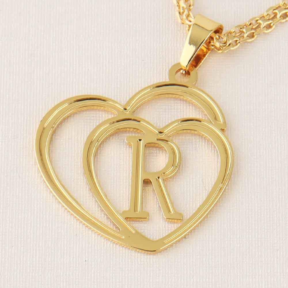Women Gold Color Initial Alphabet Heart Pendant Charm Jewelry Stainless Steel Necklace Simple Clothing Accessories Party Gift