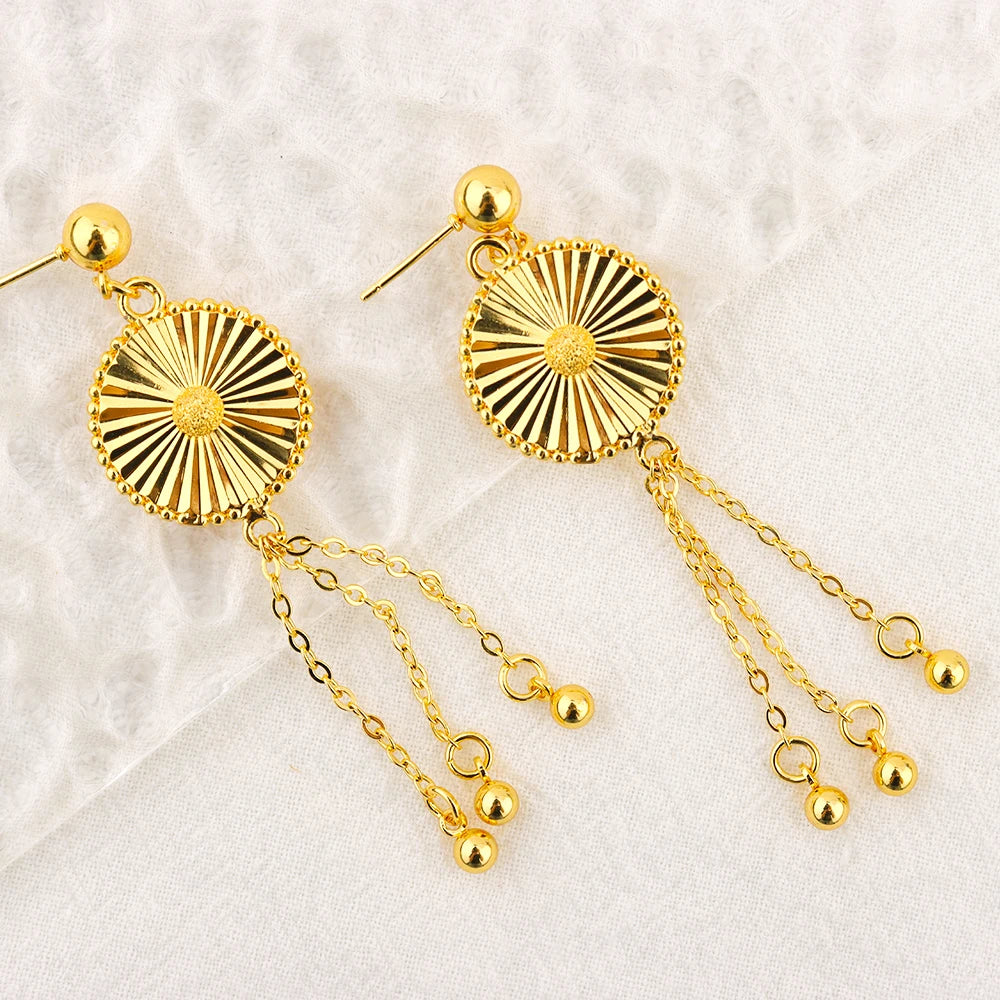 Fashion Gold Color Rotundity Earrings Set 24k Gold Plated Arabic Tassel Necklace Ring Women Wedding Party Ramadan Jewelry Set