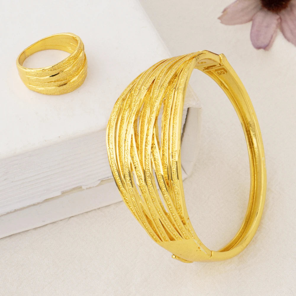 YM Copper Women Bangle Rings Gold Plated Dubai America Geometric Aesthetic Jewelry Set For Fashion Party Jewelry Gifts Wholesale