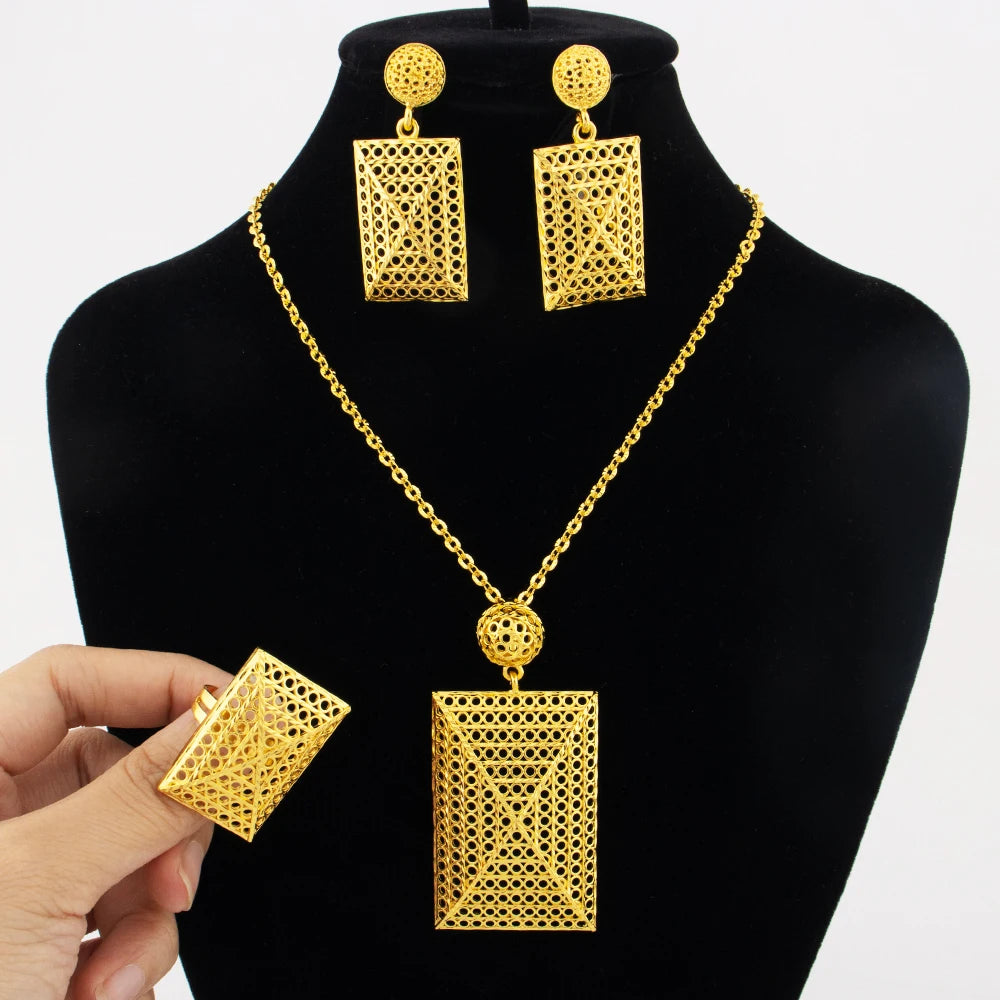 Boho Gold Plated Flower Jewelry Set Necklace Earrings Women Dubai Bridal Party Accessories