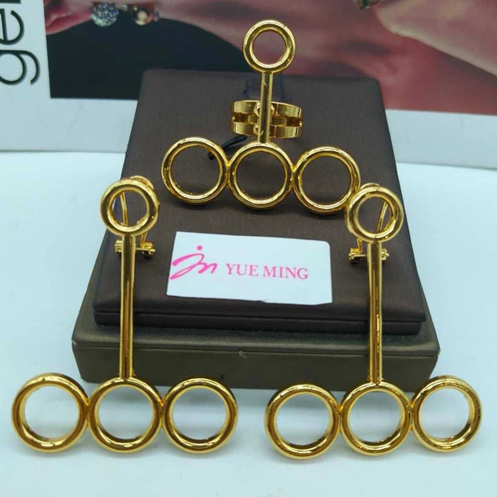 Luxury Earrings with Ring Set for Engagement 18k Gold Color Dangle Earrings Cocktail Ring Ethiopian Set for Nigerian Daily Wear