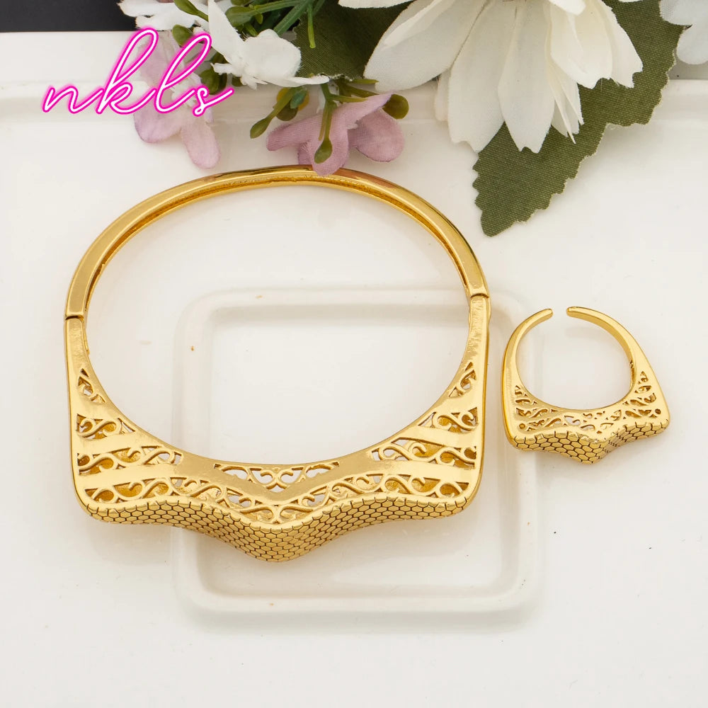 Plated Bangles with Rings 2Pcs Jewelry Set for Women Dubai Copper Bracelets African Charm Luxury Wedding Banquet Gifts