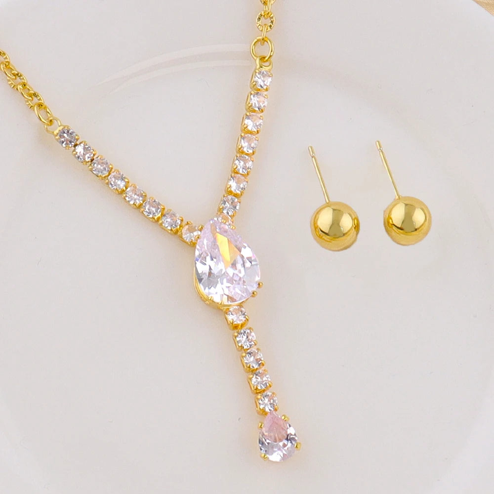 Full of Rhinestones 18K Gold Plated Stainless Steel Earrings Necklace New Trendy Zircon Jewelry Simple Wedding Jewelry